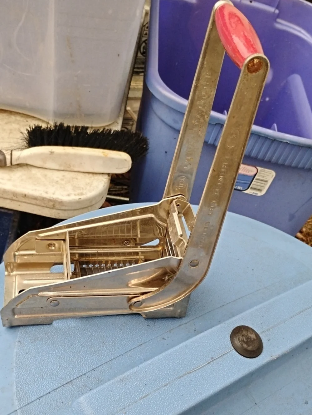 Vintage Hand-Held French Fry Cutter with Red Handle